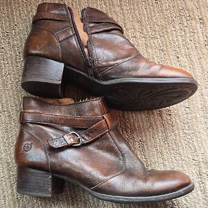 Born Brown Leather Ankle Boots with Chunky Heel and Strap Buckle Detail